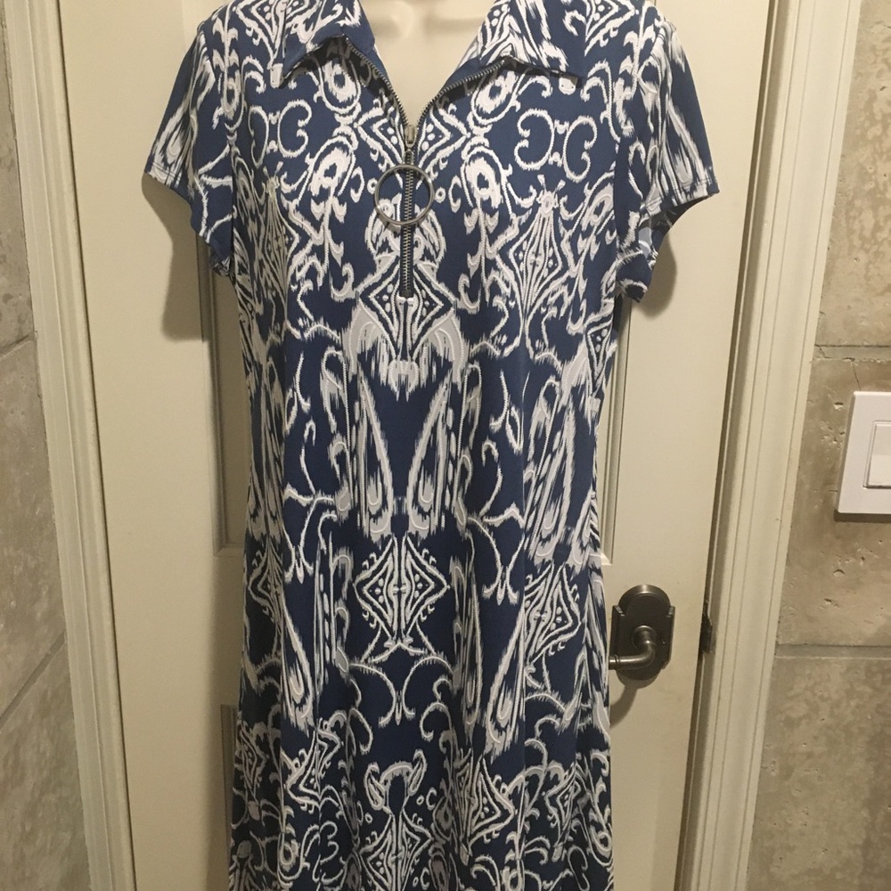 Blue with white design.